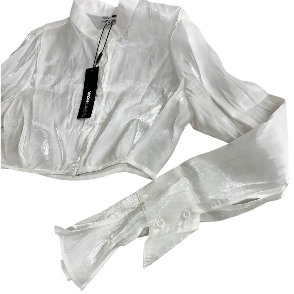 Fashion Nova Kaelie Satin Crop Top Off White Sz Small Long Bell Sleeve New - Picture 9 of 14